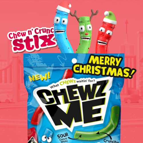 ChewzMe Chewy N’ Crunchy Stix - Sour Straws With Chunky Pieces in Three Flavors, Blue Raspberry, Watermelon, or Strawberry. Rope Candy Made With Pure Cane Sugar and No High Fructose Corn Syrup. (6 oz Bag)