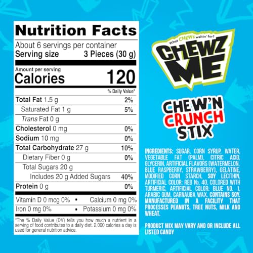 ChewzMe Chewy N’ Crunchy Stix - Sour Straws With Chunky Pieces in Three Flavors, Blue Raspberry, Watermelon, or Strawberry. Rope Candy Made With Pure Cane Sugar and No High Fructose Corn Syrup. (6 oz Bag)