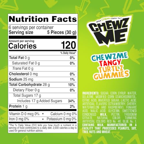 ChewzMe - Tangy Turtlz Gummies. Turtle Gummies In Bold Flavors Like Blue Raspberry and Cherry. Sour Candy Made With Pure Cane Sugar and No High Fructose Corn Syrup. Taste An Explosive Blast Of Flavor (6.56 oz bag)