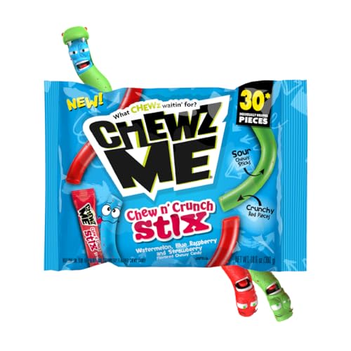 ChewzMe Chew N' Crunch Stix - Tangy Chewy Candy Sticks studded w/Crunchy Pieces - Pack of Individually Wrapped Sour Straws - Perfect Candy Variety Pack - 10.6 oz bag (30 count)