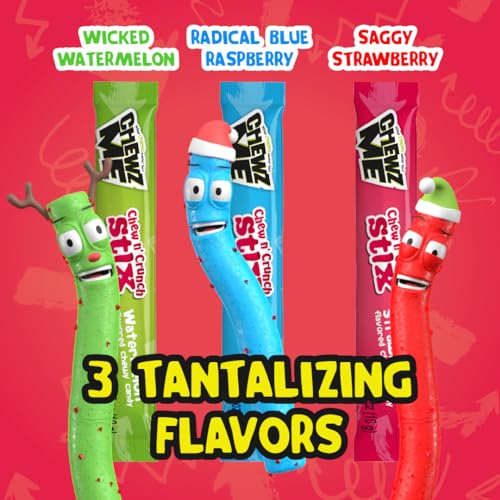 ChewzMe Chewy N’ Crunchy Stix - Sour Straws With Chunky Pieces in Three Flavors, Blue Raspberry, Watermelon, or Strawberry. Rope Candy Made With Pure Cane Sugar and No High Fructose Corn Syrup. (6 oz Bag)