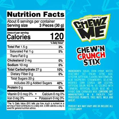 ChewzMe Chewy N’ Crunchy Stix - Sour Straws With Chunky Pieces in Three Flavors, Blue Raspberry, Watermelon, or Strawberry. Rope Candy Made With Pure Cane Sugar and No High Fructose Corn Syrup. (6 oz Bag) (2Pack)