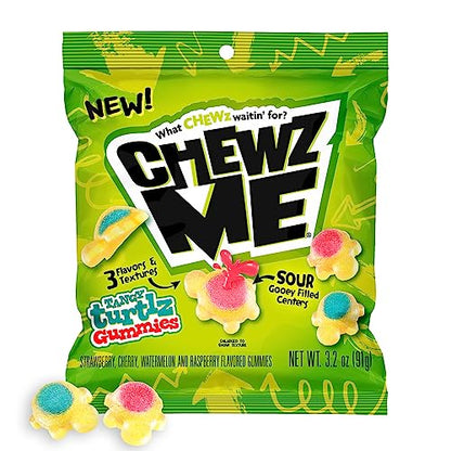 ChewzMe - Tangy Turtlz Gummies. Turtle Gummies In Bold Flavors Like Blue Raspberry and Cherry. Sour Candy Made With Pure Cane Sugar and No High Fructose Corn Syrup. Taste An Explosive Blast Of Flavor (3.2 oz bag)