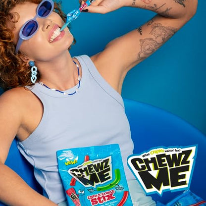 ChewzMe Chewy N’ Crunchy Stix - Sour Straws With Chunky Pieces in Three Flavors, Blue Raspberry, Watermelon, or Strawberry. Rope Candy Made With Pure Cane Sugar and No High Fructose Corn Syrup. (3.9 oz Bag)