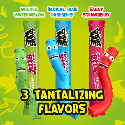 ChewzMe Chewy N’ Crunchy Stix - Sour Straws With Chunky Pieces in Three Flavors, Blue Raspberry, Watermelon, or Strawberry. Rope Candy Made With Pure Cane Sugar and No High Fructose Corn Syrup. (6 oz Bag) (2Pack)