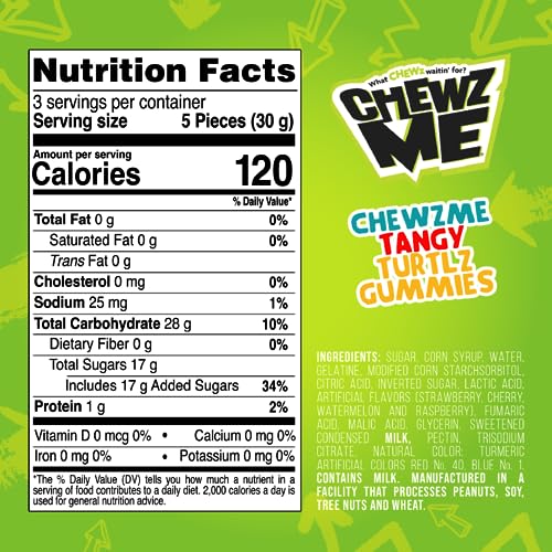 ChewzMe - Tangy Turtlz Gummies. Turtle Gummies In Bold Flavors Like Blue Raspberry and Cherry. Sour Candy Made With Pure Cane Sugar and No High Fructose Corn Syrup. Taste An Explosive Blast Of Flavor (3.2 oz bag) (2Pack)